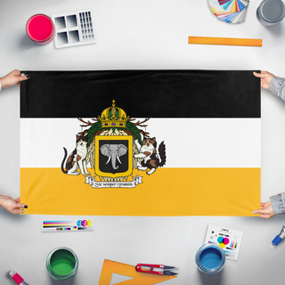 A mockup of the custom flag 'Grand Duchy of Tresoria flag' held up on a table during print checking