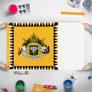 A mockup of the custom flag 'Ducal Standard of Tresoria flag' held up on a table during print checking