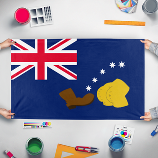 A mockup of the custom flag 'simpsons Aussie flag' held up on a table during print checking