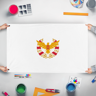 A mockup of the custom flag 'Micronamic Imperial Republic of Ravaria flag' held up on a table during print checking