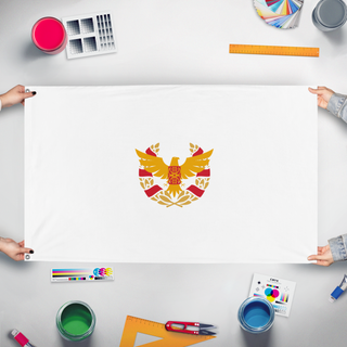 A mockup of the custom flag 'Micronamic Imperial Republic of Ravaria flag' held up on a table during print checking