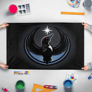 A mockup of the custom flag 'The Loon of Hope flag' held up on a table during print checking