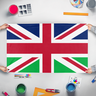 A mockup of the custom flag 'United Kingdom of Great Britain and Northern Ireland' held up on a table during print checking