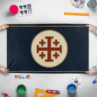 A mockup of the custom flag 'Dark Blue Templar flag' held up on a table during print checking