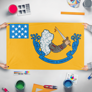 A mockup of the custom flag 'Gostelowe Standard No.10 flag' held up on a table during print checking