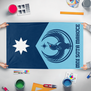 A mockup of the custom flag 'WeWillProtectUsMN flag' held up on a table during print checking