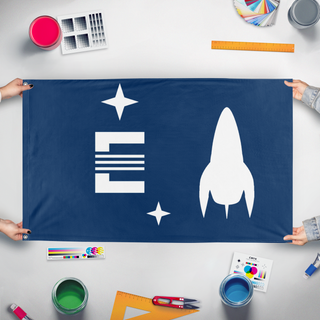 A mockup of the custom flag 'Van Buren' held up on a table during print checking