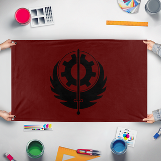 A mockup of the custom flag 'Traditional Brotherhood of Steel flag' held up on a table during print checking