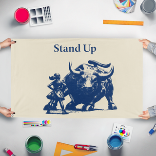 A mockup of the custom flag 'Stand Up flag' held up on a table during print checking