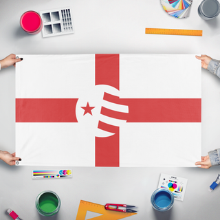 A mockup of the custom flag 'test5 flag' held up on a table during print checking