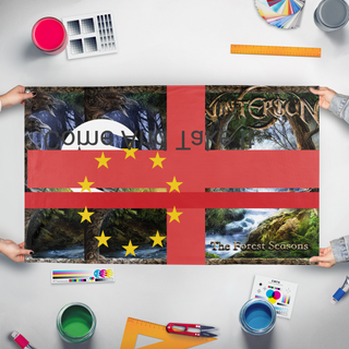 A mockup of the custom flag 'test4 flag' held up on a table during print checking