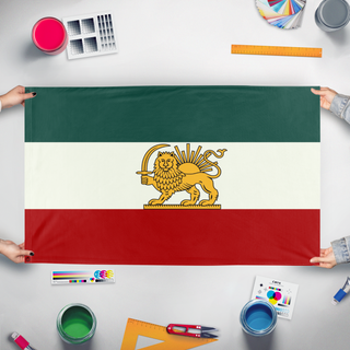 A mockup of the custom flag 'Iran flag' held up on a table during print checking