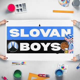 A mockup of the custom flag 'SLOVAN flag' held up on a table during print checking