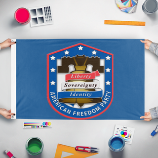A mockup of the custom flag 'American Freedom Party flag' held up on a table during print checking