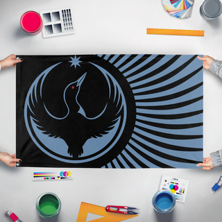 A mockup of the custom flag 'Rebel Loon flag' held up on a table during print checking
