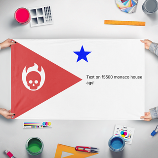 A mockup of the custom flag '5500 house flag' held up on a table during print checking