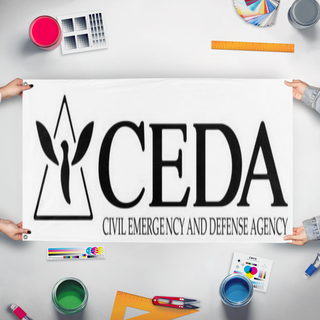 A mockup of the custom flag 'CEDA flag' held up on a table during print checking
