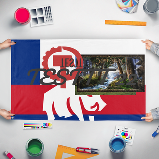 A mockup of the custom flag 'test 8 flag' held up on a table during print checking
