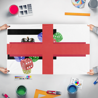A mockup of the custom flag 'T flag' held up on a table during print checking
