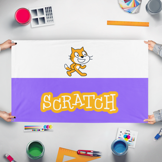 A mockup of the custom flag 'Scratch Flag' held up on a table during print checking