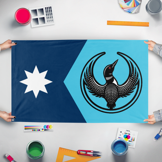 A mockup of the custom flag 'MN Rebel Loon flag' held up on a table during print checking