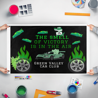 A mockup of the custom flag 'greenpower flag' held up on a table during print checking