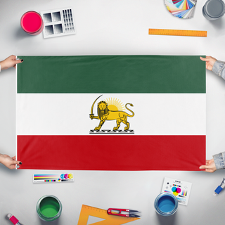 A mockup of the custom flag 'Iran flag' held up on a table during print checking