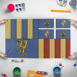 A mockup of the custom flag 'house of ry flag' held up on a table during print checking