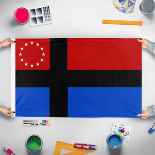 A mockup of the custom flag 'Merane flag' held up on a table during print checking
