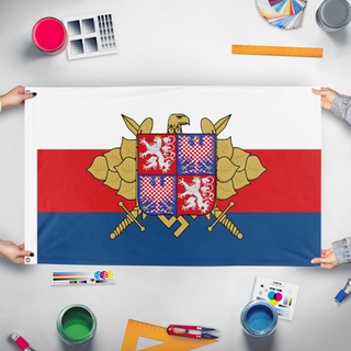 A mockup of the custom flag 'Government Army' held up on a table during print checking