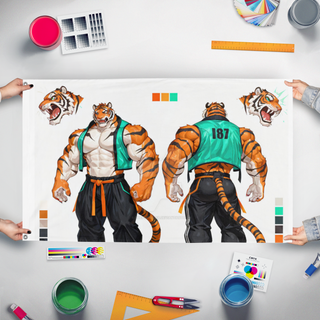 A mockup of the custom flag 'd flag' held up on a table during print checking