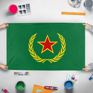 A mockup of the custom flag 'Nobelon flag' held up on a table during print checking