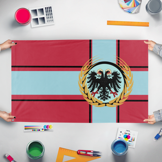 A mockup of the custom flag 'Alexandrian Flag' held up on a table during print checking