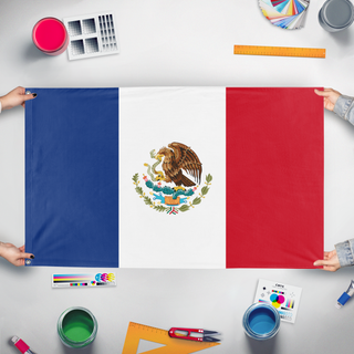 A mockup of the custom flag 'french mexico flag' held up on a table during print checking