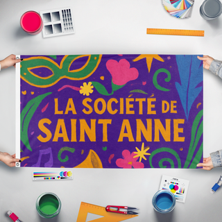 A mockup of the custom flag 'Saint Anne flag' held up on a table during print checking