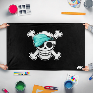 A mockup of the custom flag 'A2pirates flag' held up on a table during print checking