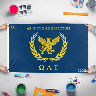 A mockup of the custom flag 'flag' held up on a table during print checking