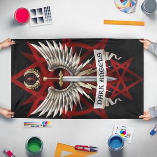 A mockup of the custom flag 'Hexagrammaton flag' held up on a table during print checking