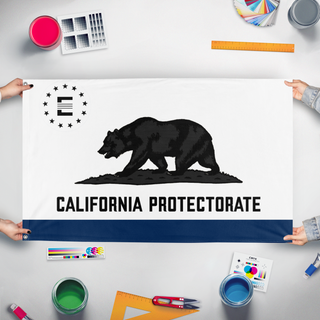A mockup of the custom flag 'California Protectorate' held up on a table during print checking