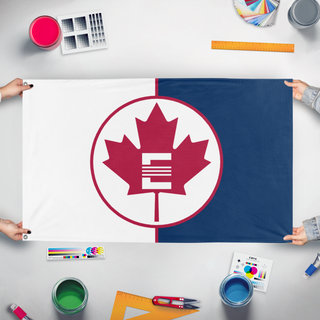 A mockup of the custom flag 'Ontario Enclave flag' held up on a table during print checking