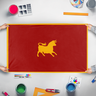 A mockup of the custom flag 'Caesar's Legion flag' held up on a table during print checking