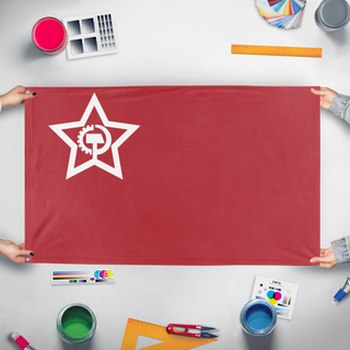 A mockup of the custom flag 'usca flag' held up on a table during print checking