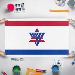 A mockup of the custom flag 'American-Isreali Heritage flag' held up on a table during print checking