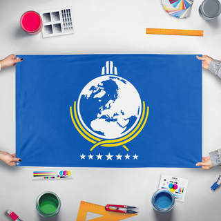 A mockup of the custom flag 'One True Flag' held up on a table during print checking