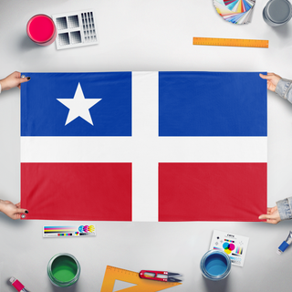 A mockup of the custom flag 'Grito de Lares flag' held up on a table during print checking