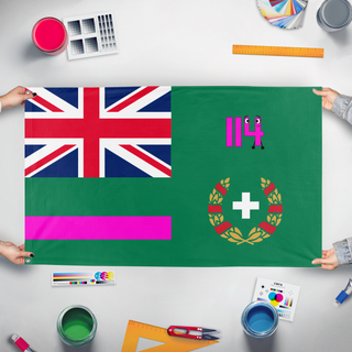 A mockup of the custom flag 'Flag of Sudest HIDRA' held up on a table during print checking