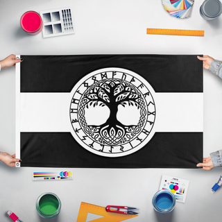 A mockup of the custom flag 'Pagan flag' held up on a table during print checking