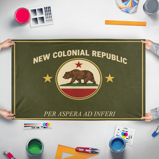 A mockup of the custom flag 'NCR flag' held up on a table during print checking