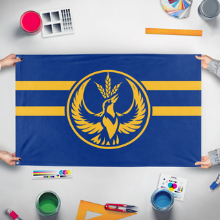 A mockup of the custom flag 'Kansas Rebel Alliance Simple flag' held up on a table during print checking