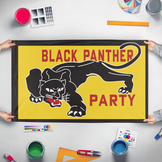 A mockup of the custom flag 'Black Panther Party flag' held up on a table during print checking